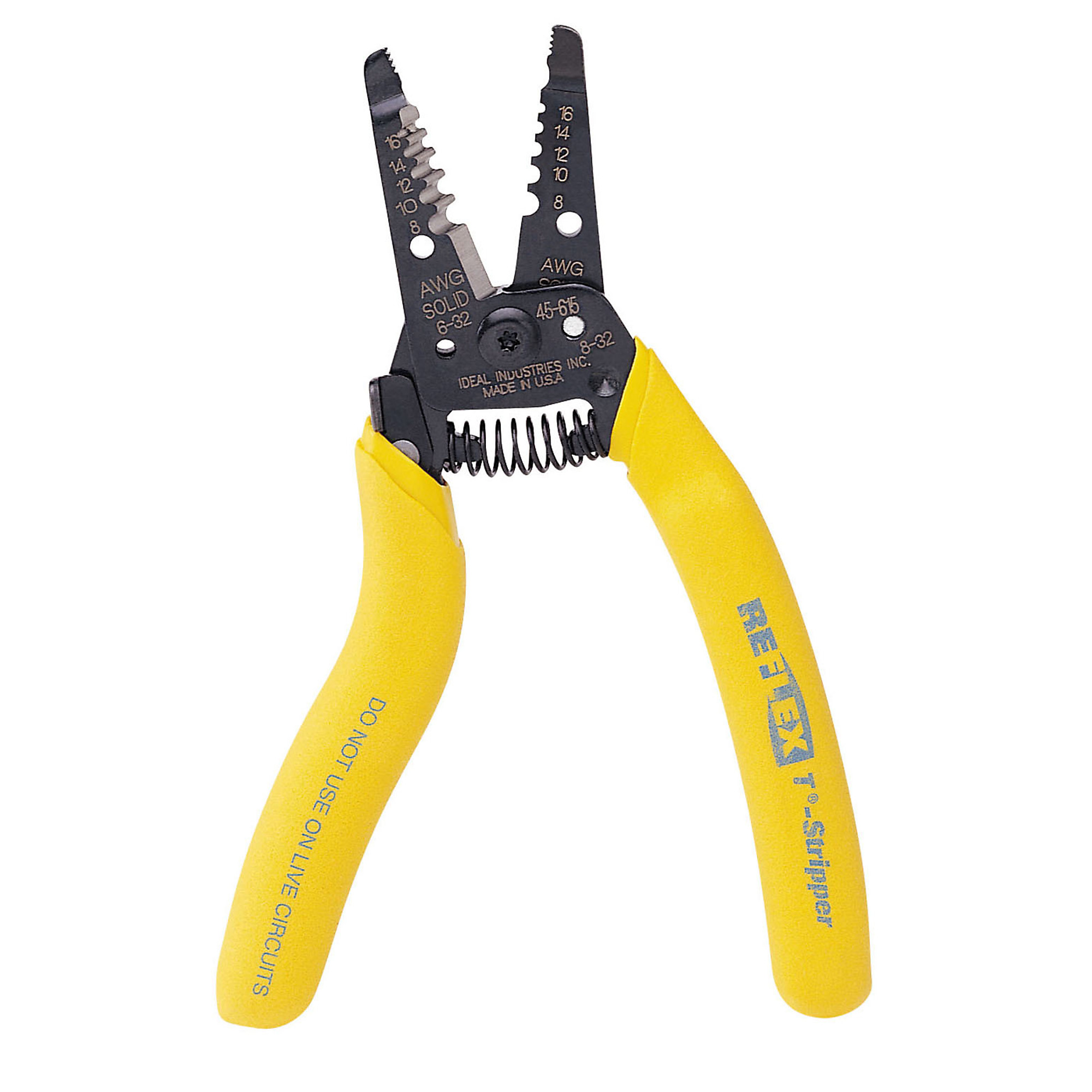 IDEAL, Reflex™ Super T®-Stripper Wire Strippers 8-16 AWG, stripping of 8-16 AWG solid and 10-18 AWG stranded wire, Shear-cut 6/32 and 8/32 bolt cutter holes, MADE IN THE USA, ERGONOMIC DESIGN, 45-615